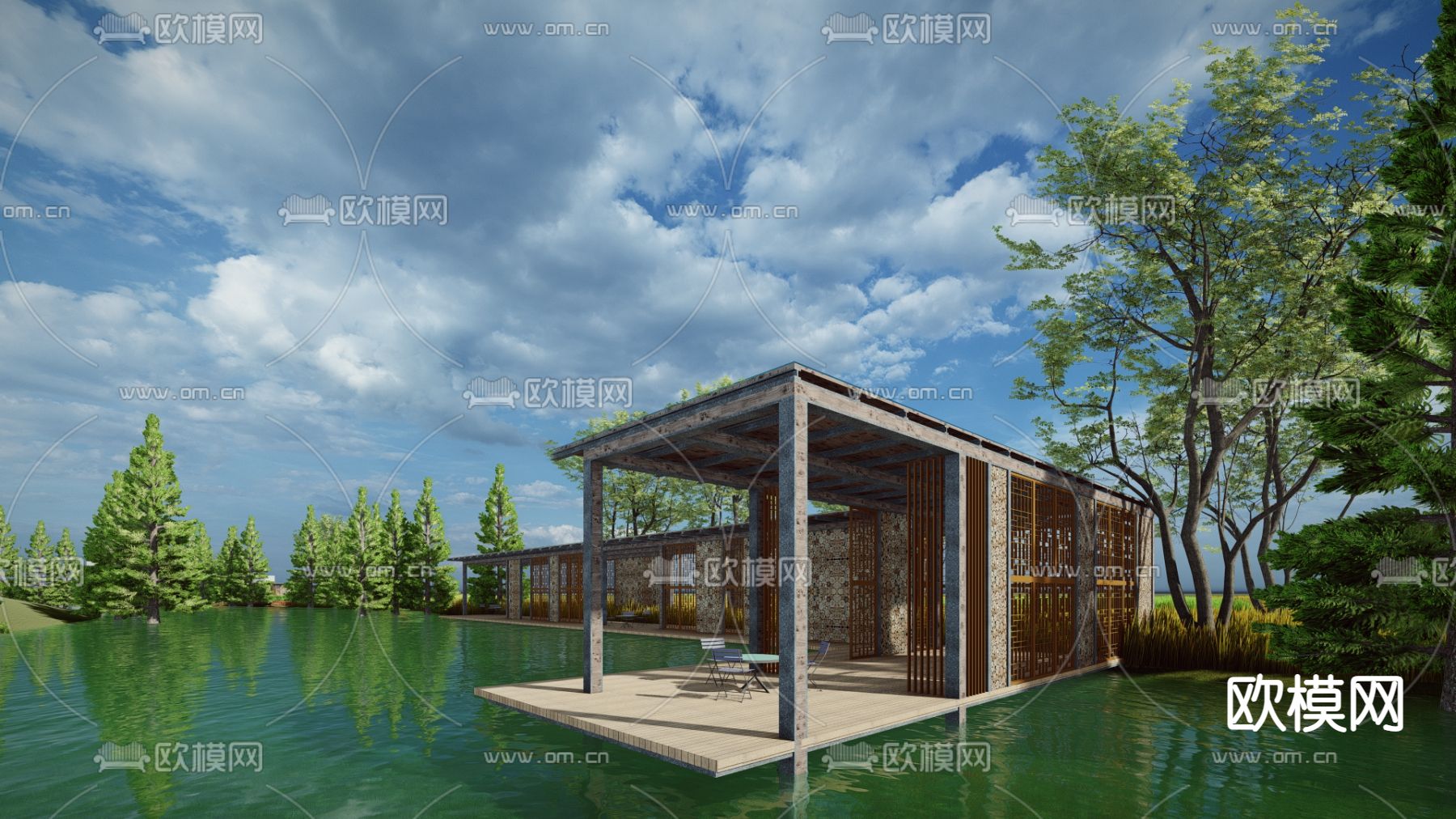 新中式城市滨水公园景观su模型下载（渲染图4）