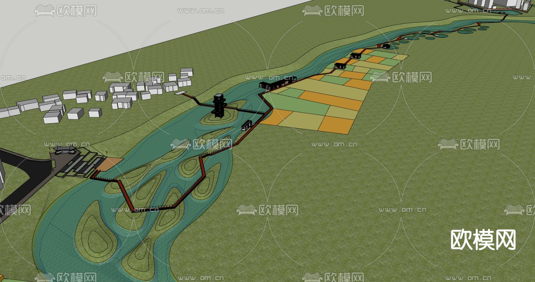 新中式城市滨水公园景观su模型下载（渲染图2）