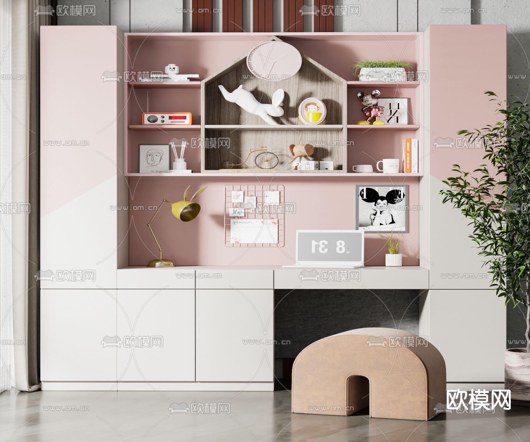 现代儿童一体式书桌椅3d模型下载