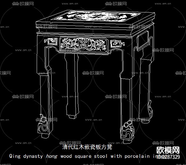 明清中式古典凳cad图库下载（渲染图5）