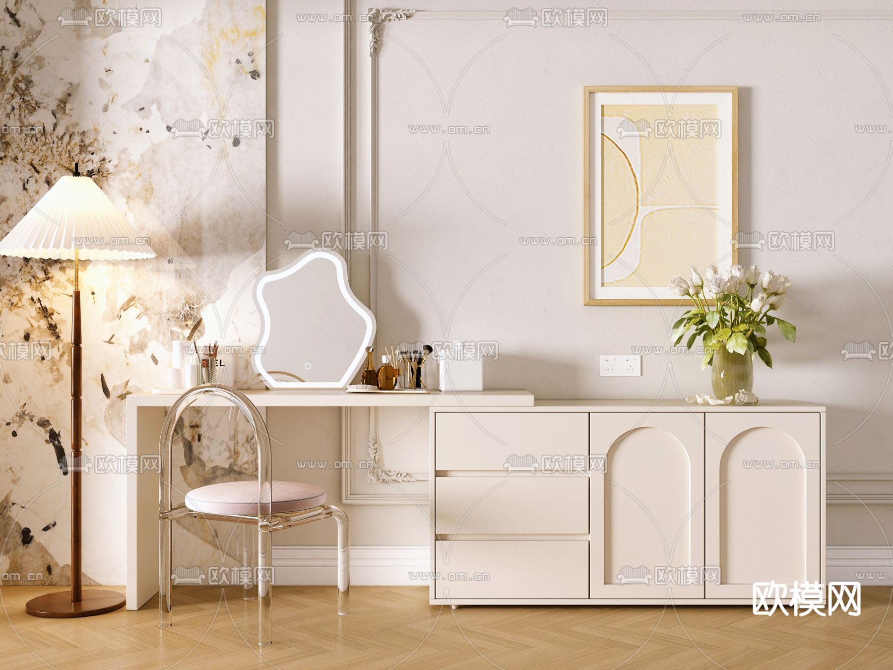 现代奶油风梳妆台3d模型下载