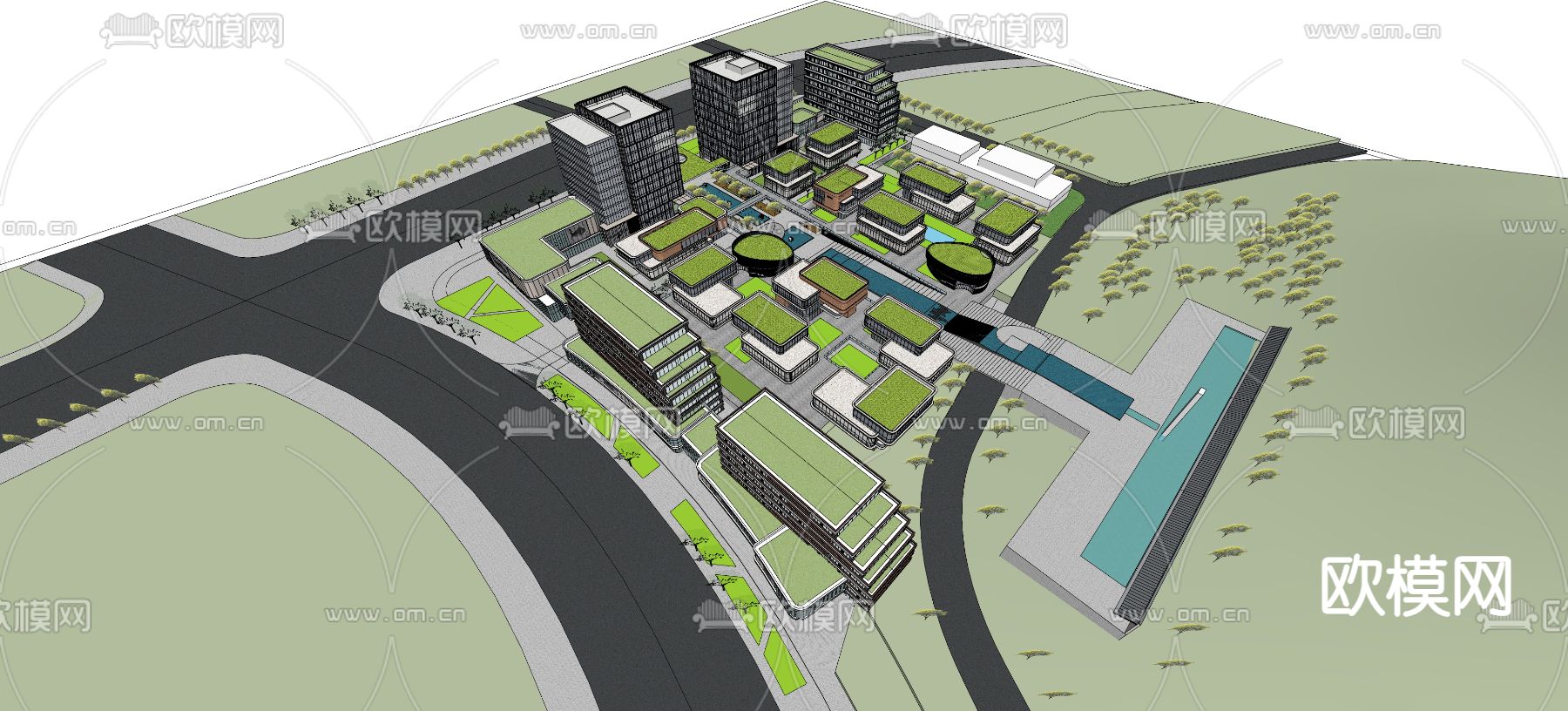 现代产业园办公楼鸟瞰su模型