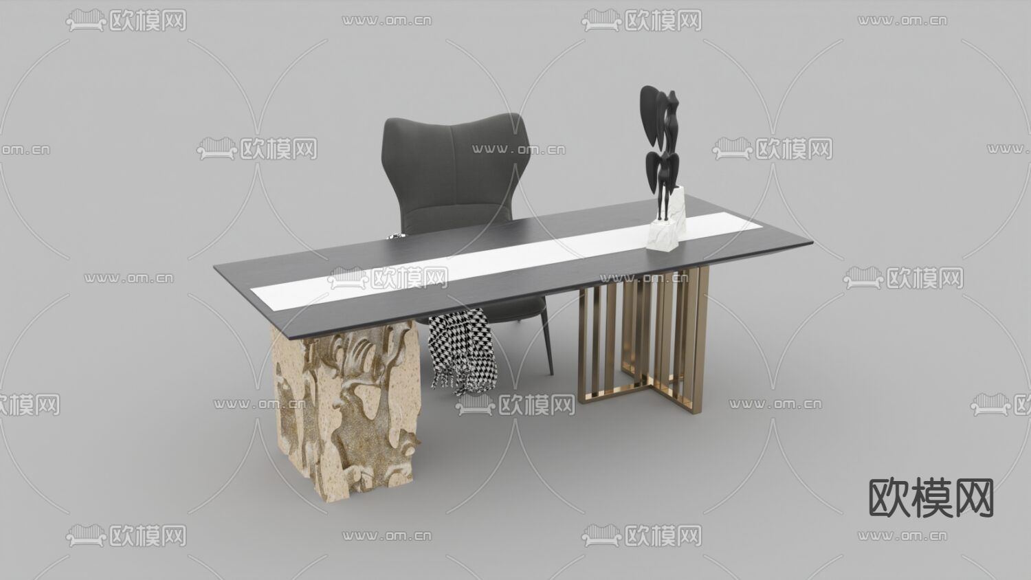 现代轻奢实木不锈钢办公桌免费3d模型下载