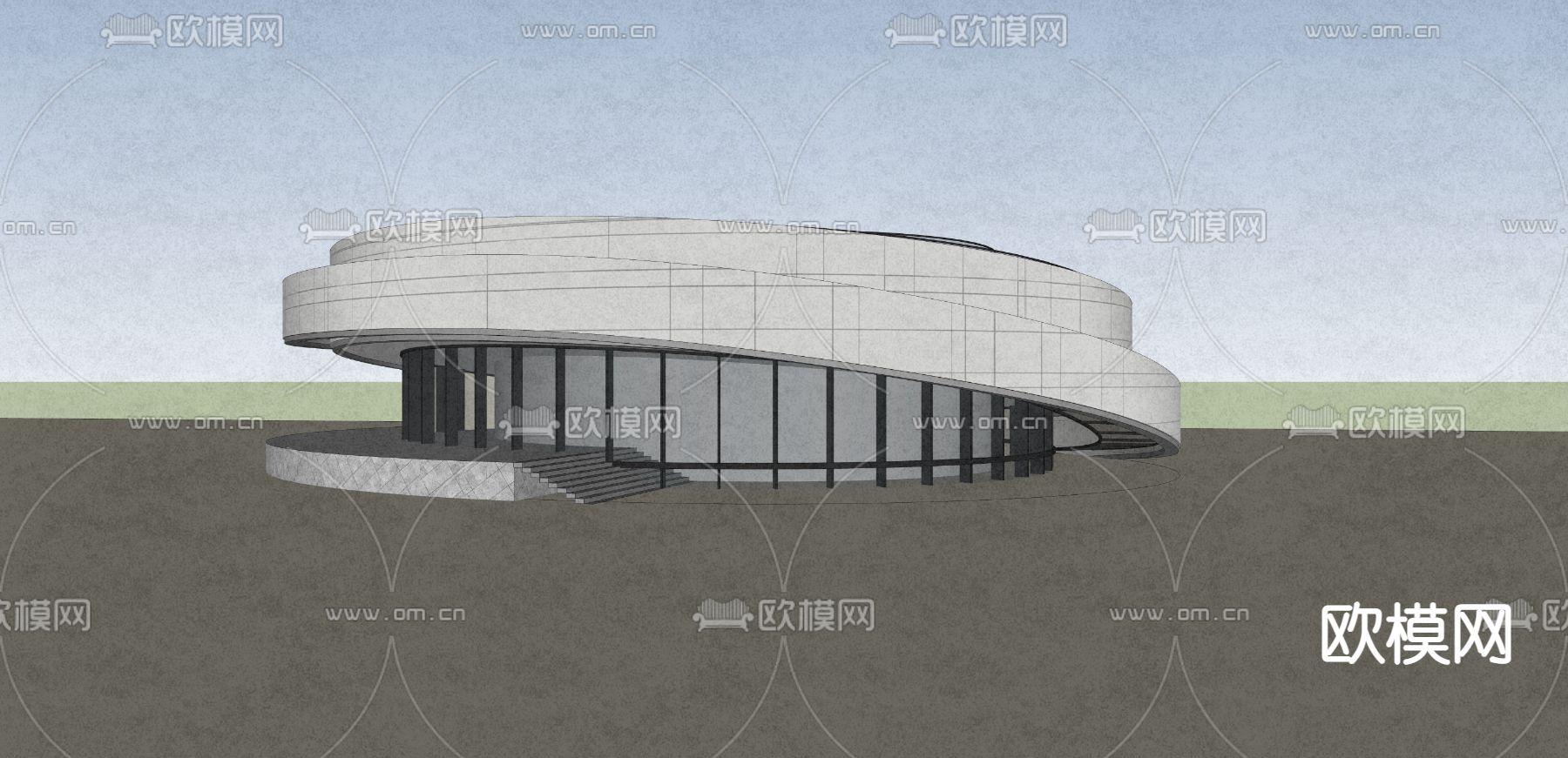 现代展览馆建筑鸟瞰su模型