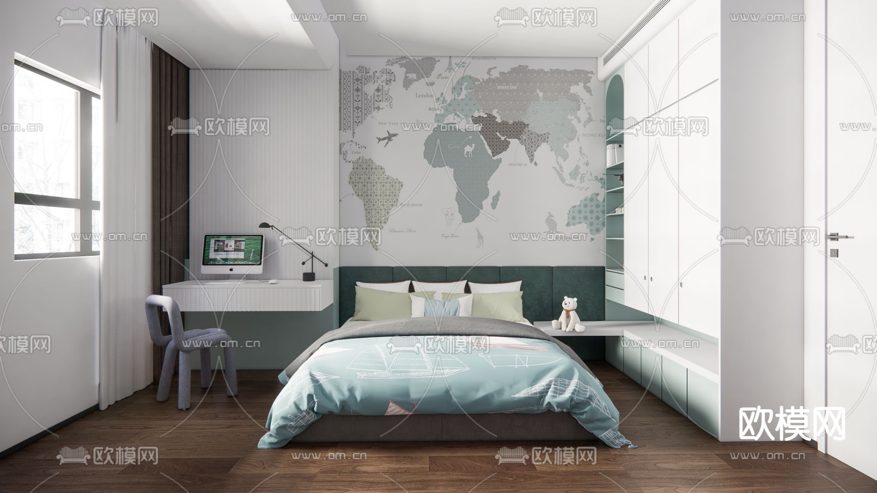 北欧卧室su模型下载（渲染图1）