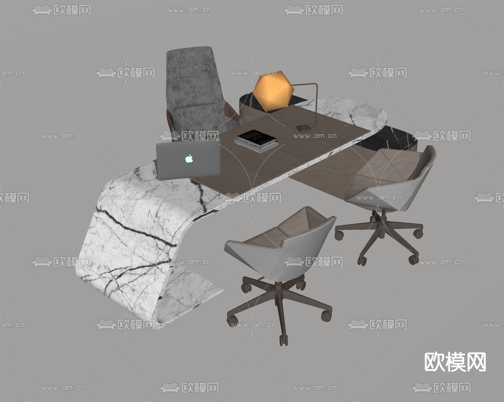 现代办公班台桌椅su模型下载（渲染图2）