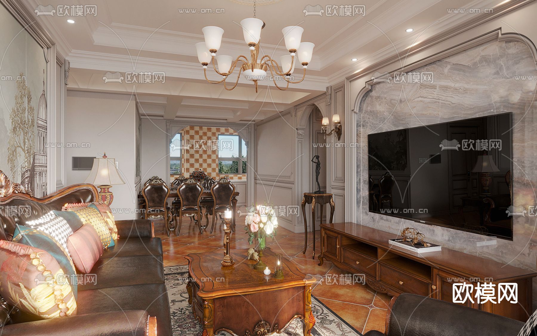 美式古典客餐厅3d模型下载（渲染图2）