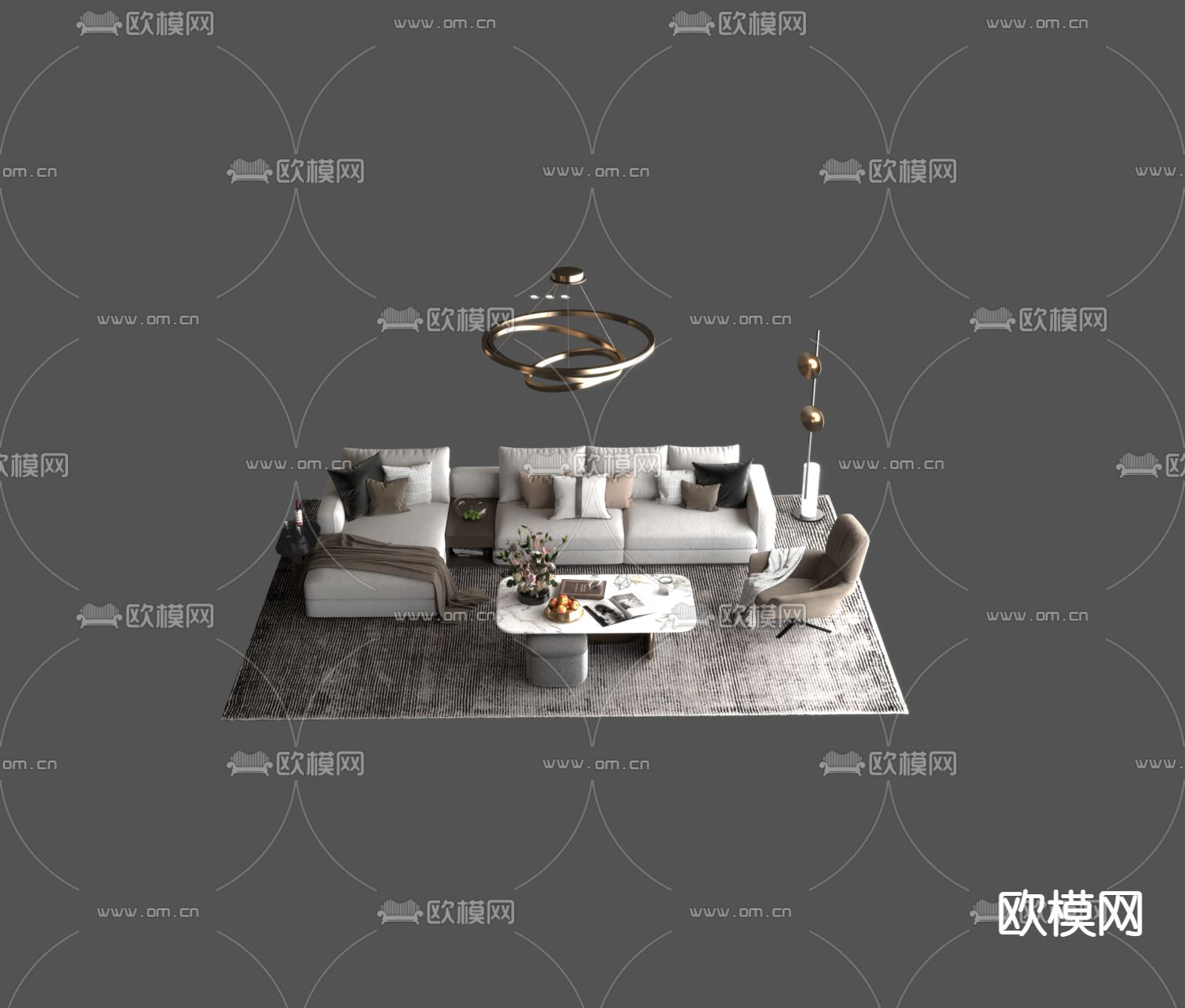 现代轻奢皮革布艺多人沙发组合免费3d模型下载