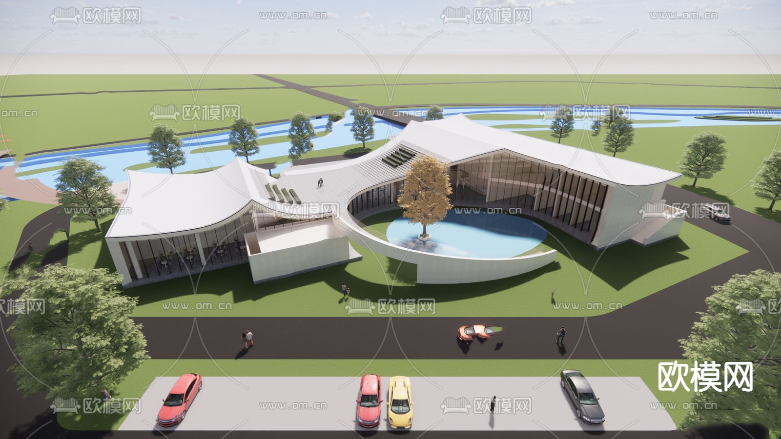 现代展览馆建筑外观 鸟瞰su模型下载（渲染图3）