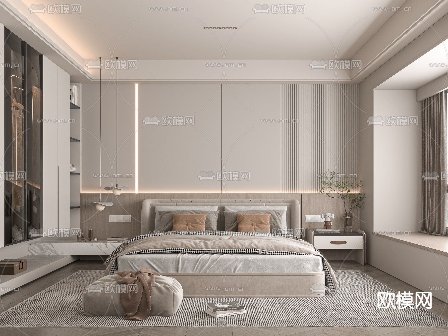 现代奶油风卧室3d模型下载_ID12121898_3dmax免费模型-欧模网