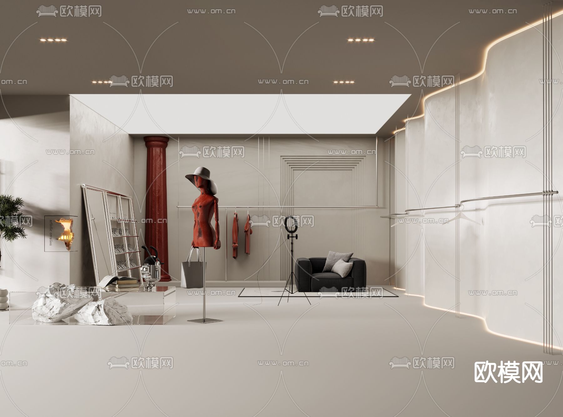 侘寂奶油风服饰直播间su模型下载（渲染图1）