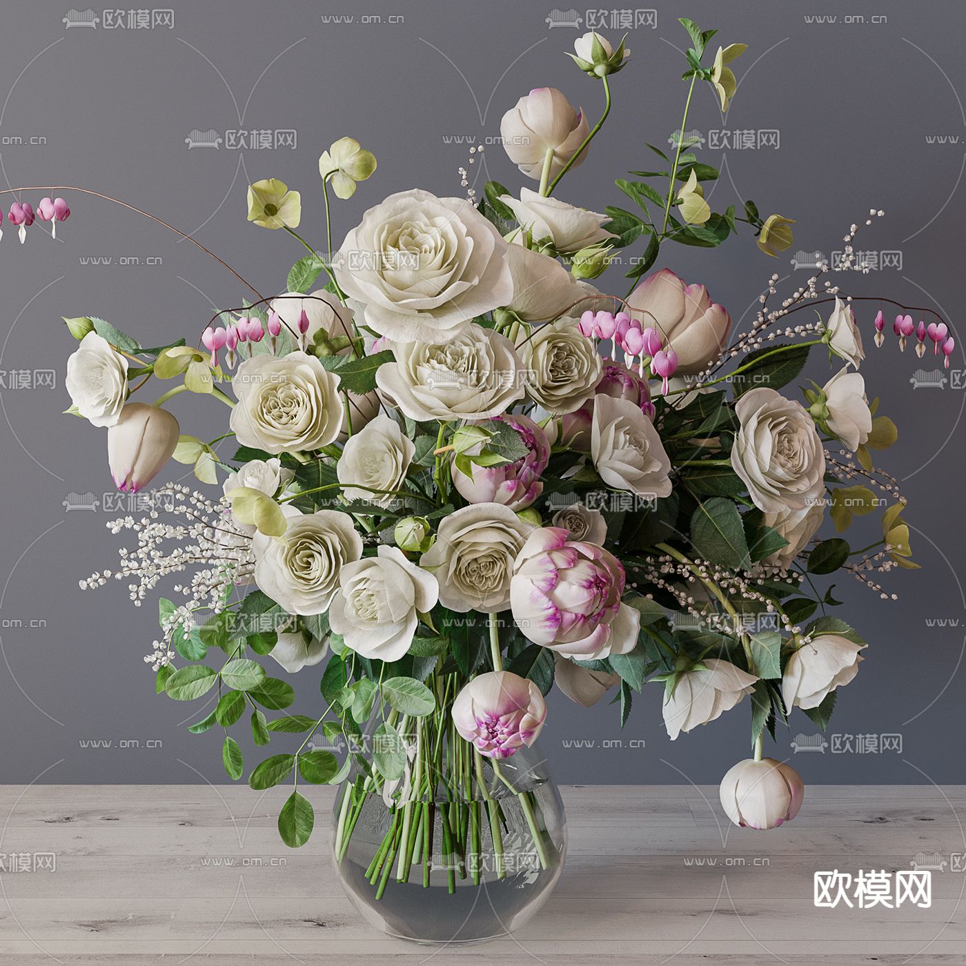 白玫瑰水培花瓶 花艺3d模型下载