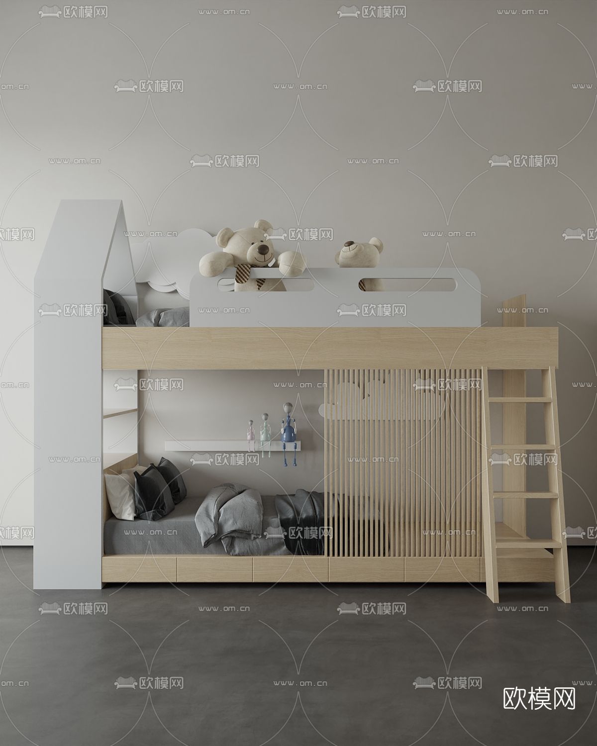 北欧上下铺儿童床3d模型下载（渲染图1）