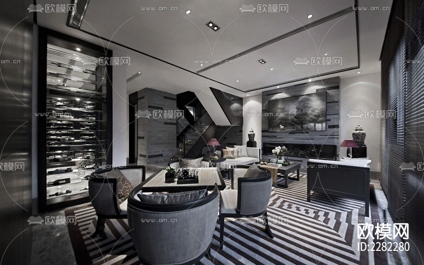 大平层样板房CAD施工图下载（渲染图3）