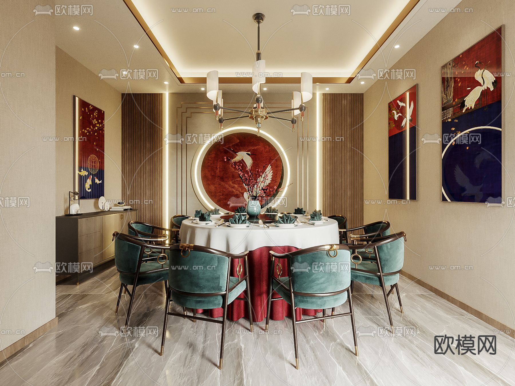 新中式餐厅包间3d模型下载_ID12121207_3dmax免费模型-欧模网
