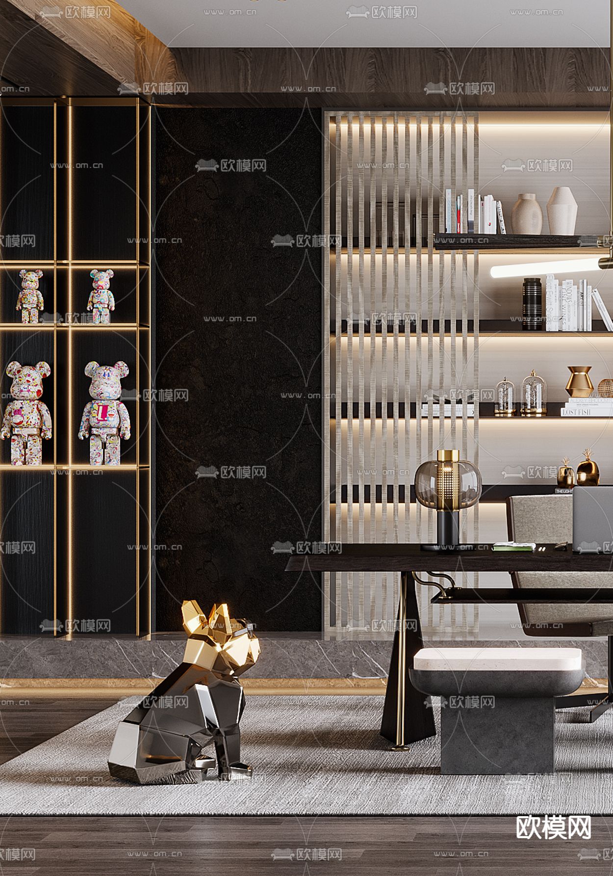 现代高级灰书房3d模型下载（渲染图2）