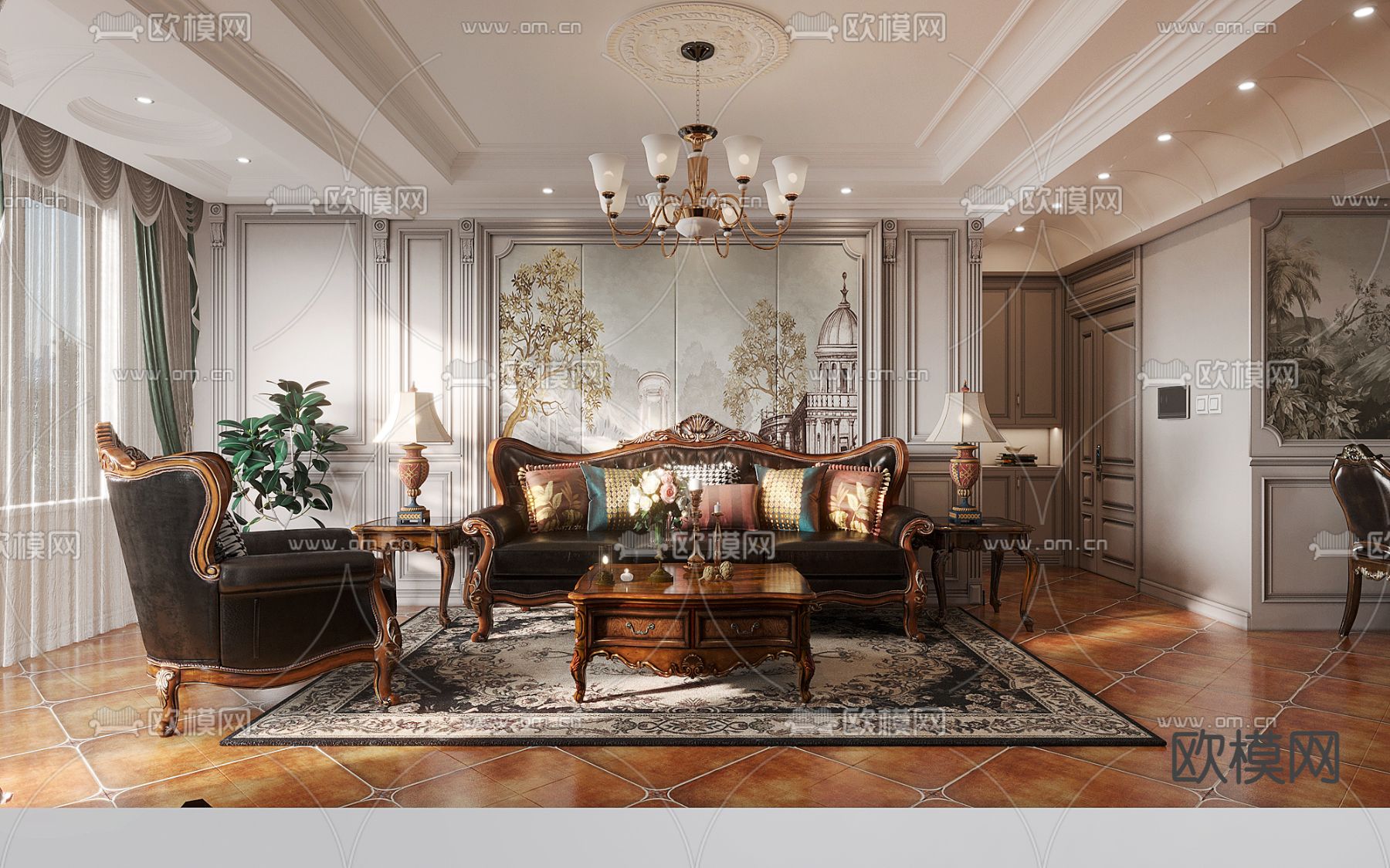 美式古典客餐厅3d模型下载（渲染图1）