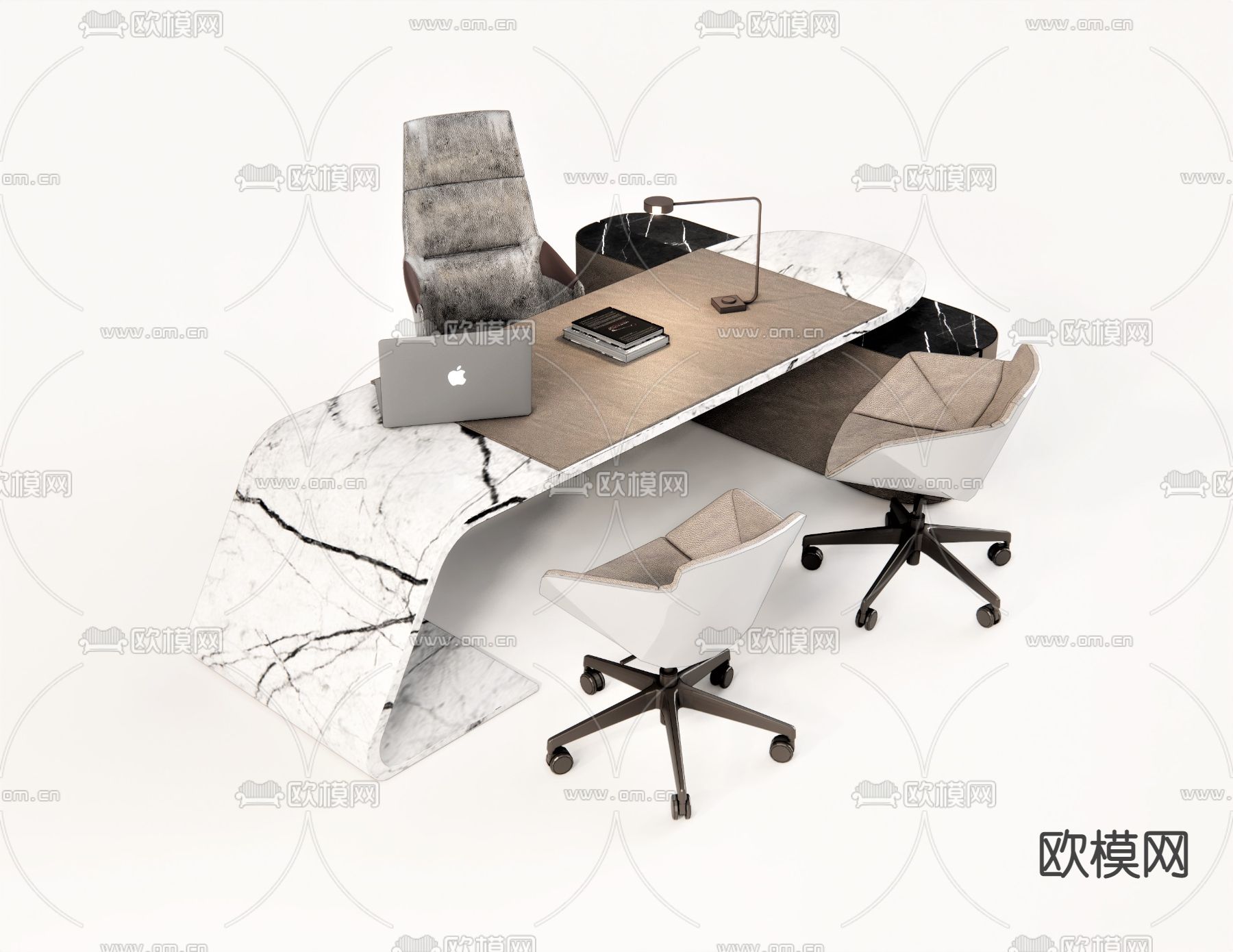 现代办公班台桌椅su模型下载（渲染图1）