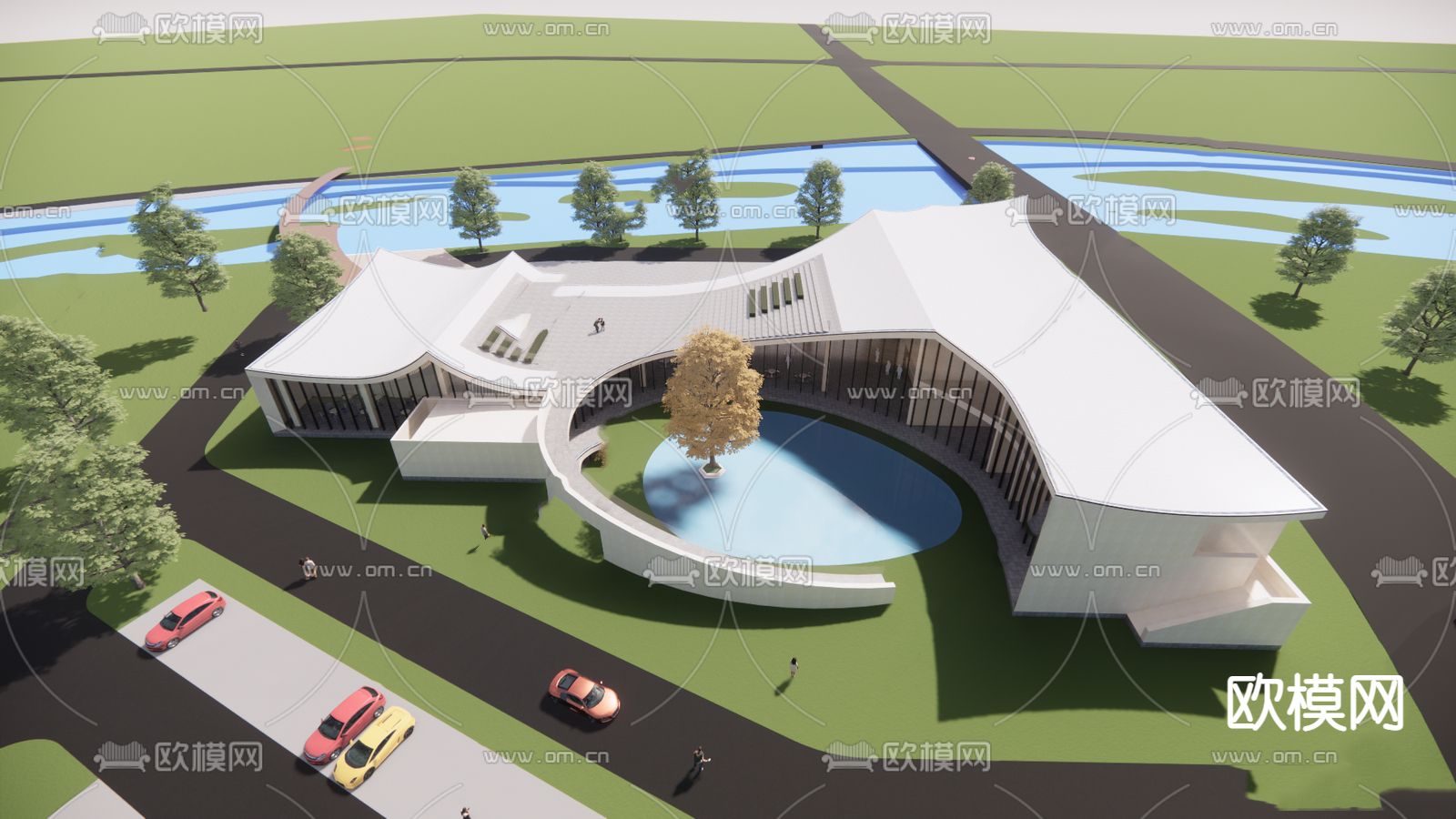 现代展览馆建筑外观 鸟瞰su模型下载（渲染图2）