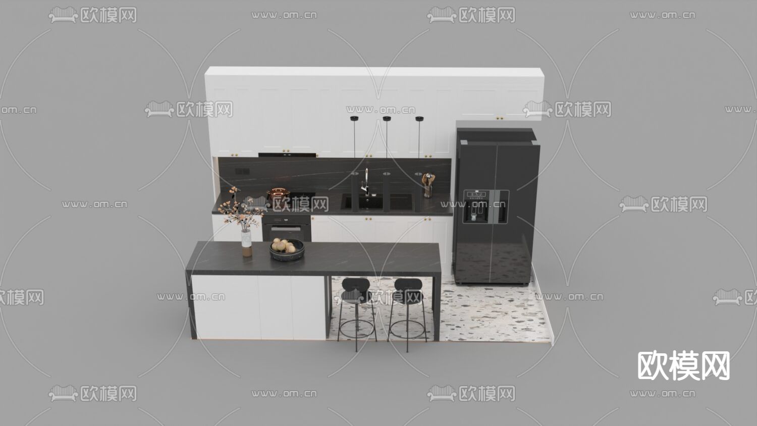 现代轻奢实木大理石橱柜吧台免费3d模型下载