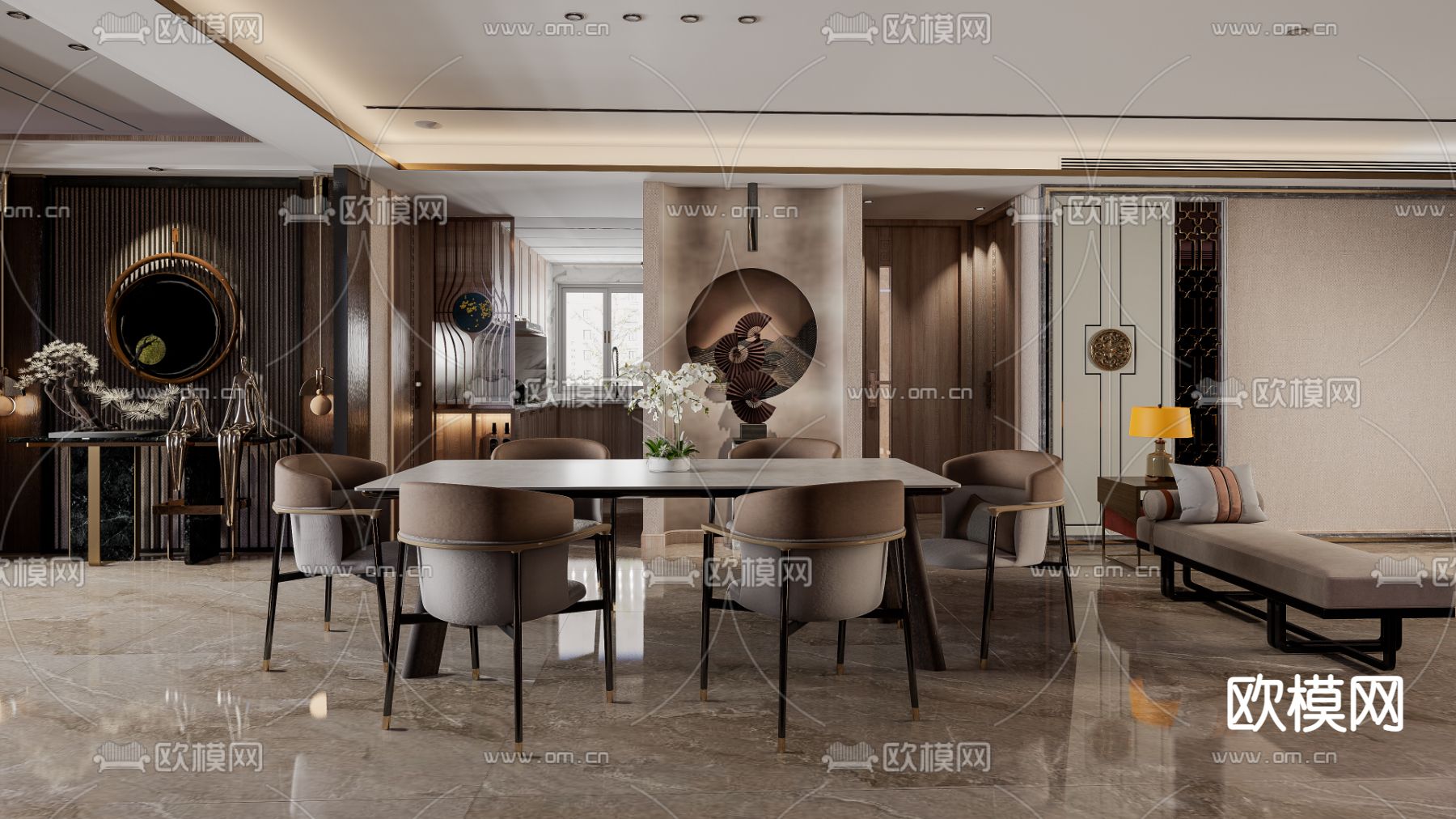 新中式餐厅su模型下载（渲染图1）