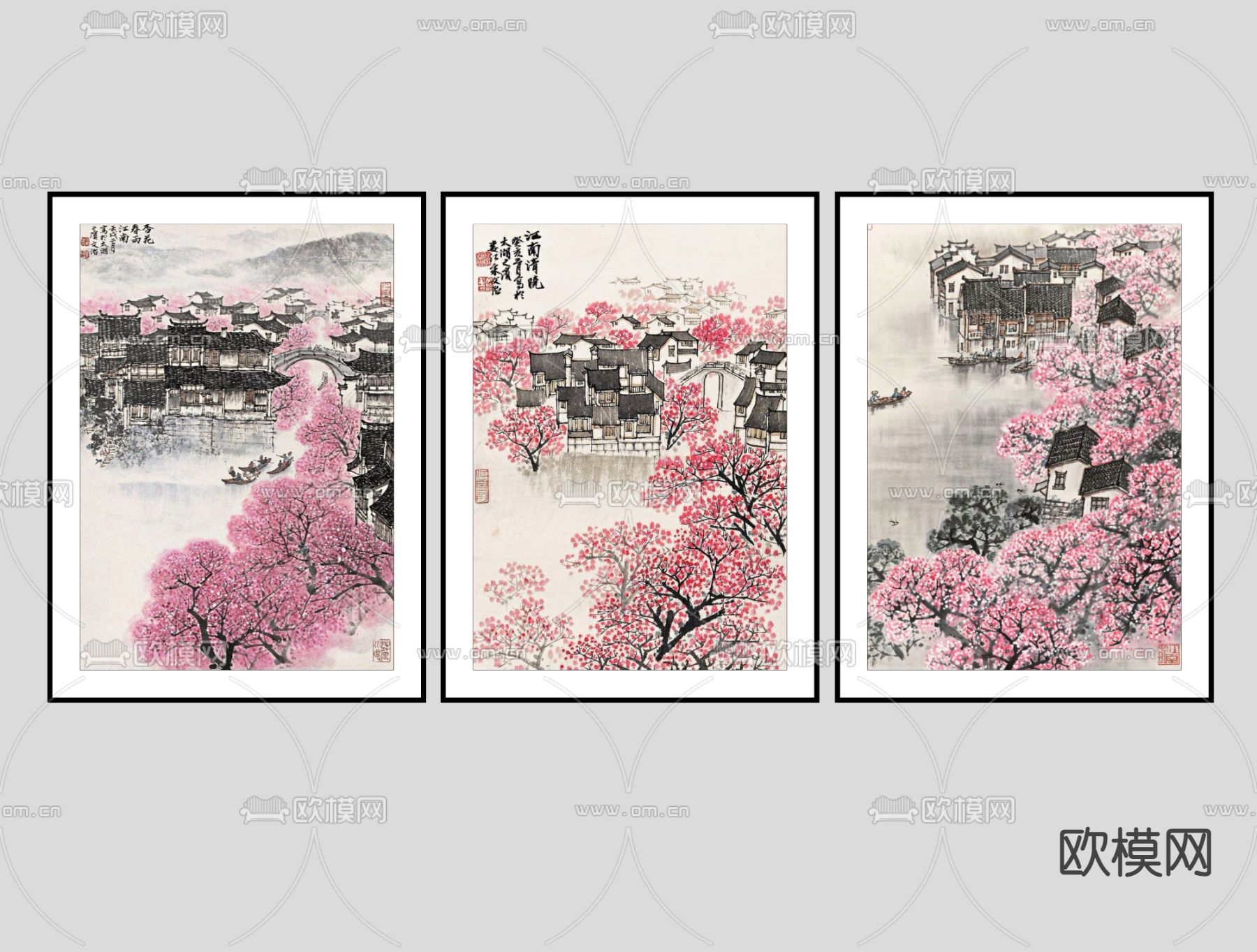 新中式江南风景水墨画 装饰画su模型下载