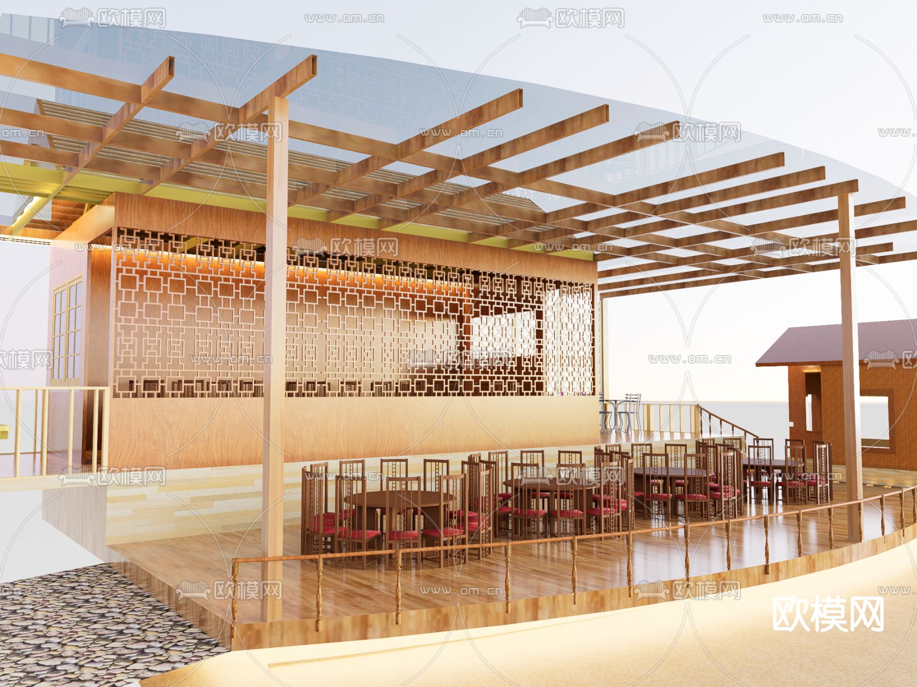 新中式露天餐厅su模型下载