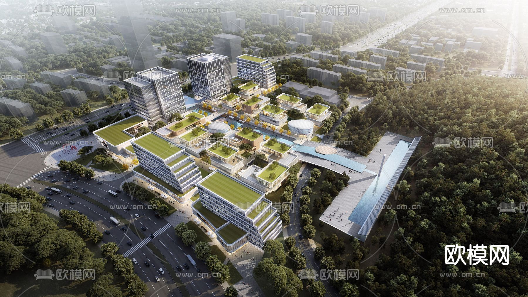 现代产业园办公楼鸟瞰su模型