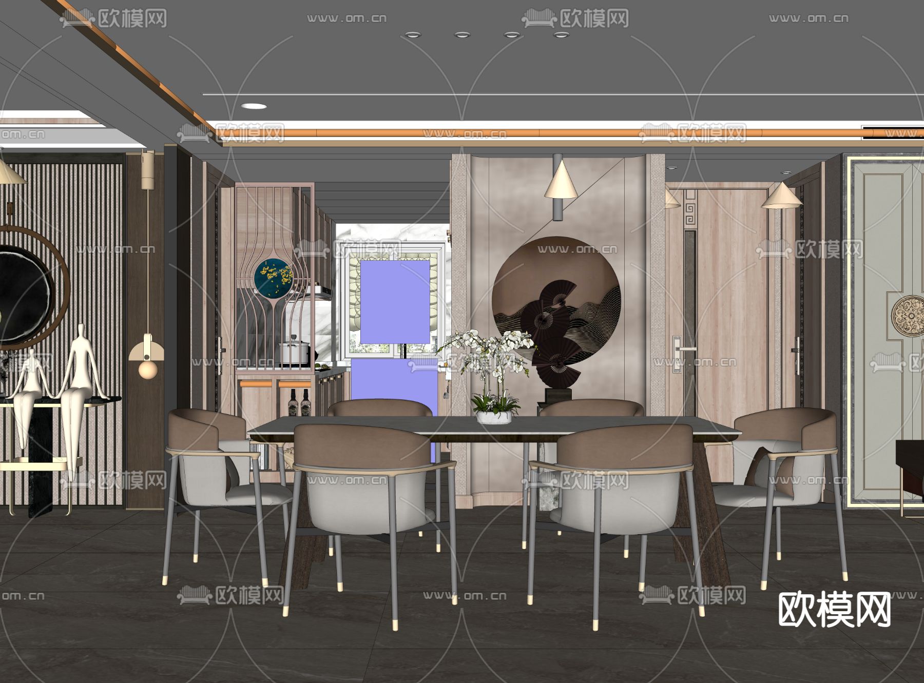 新中式餐厅su模型下载（渲染图2）