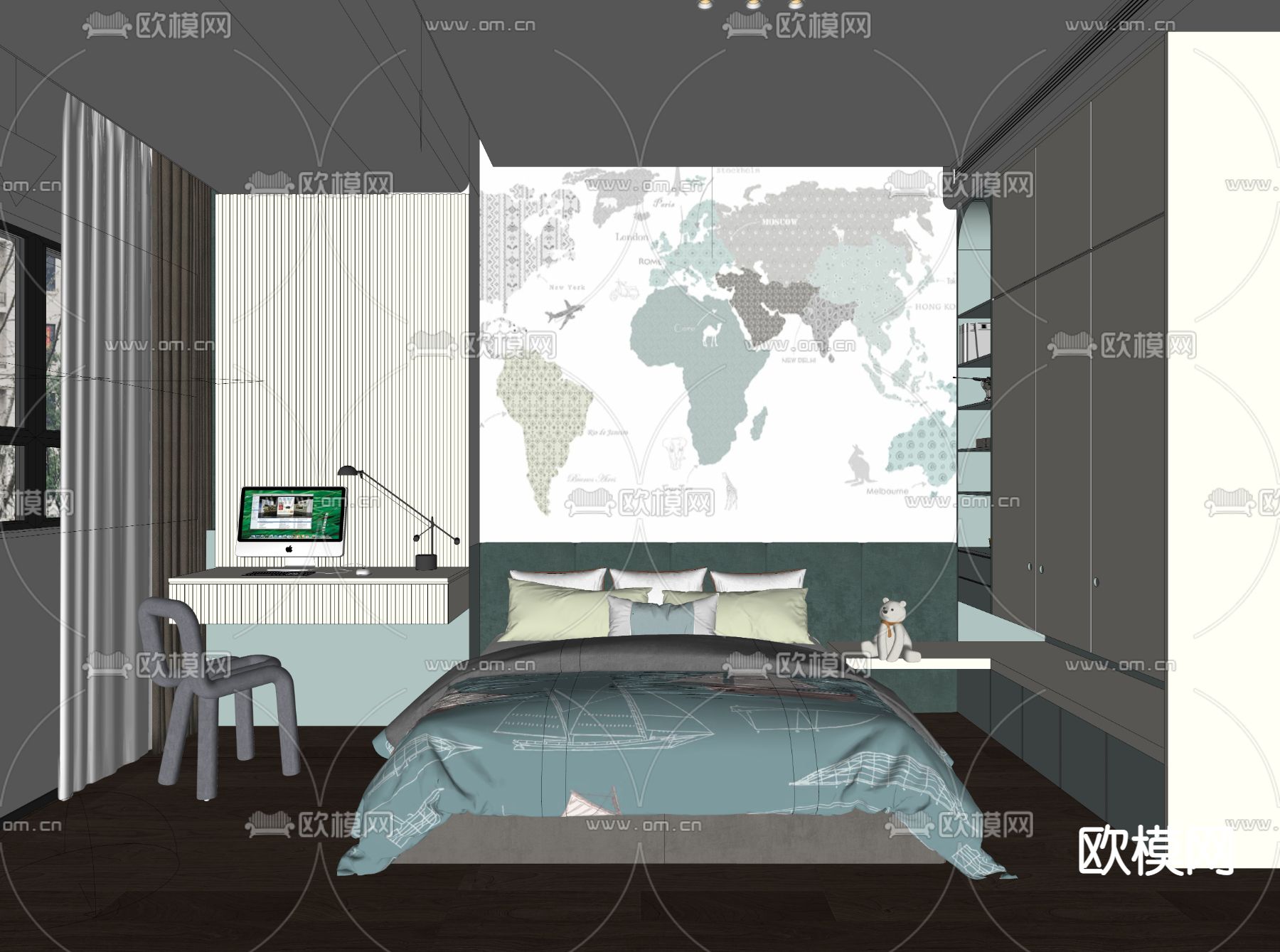 北欧卧室su模型下载（渲染图2）