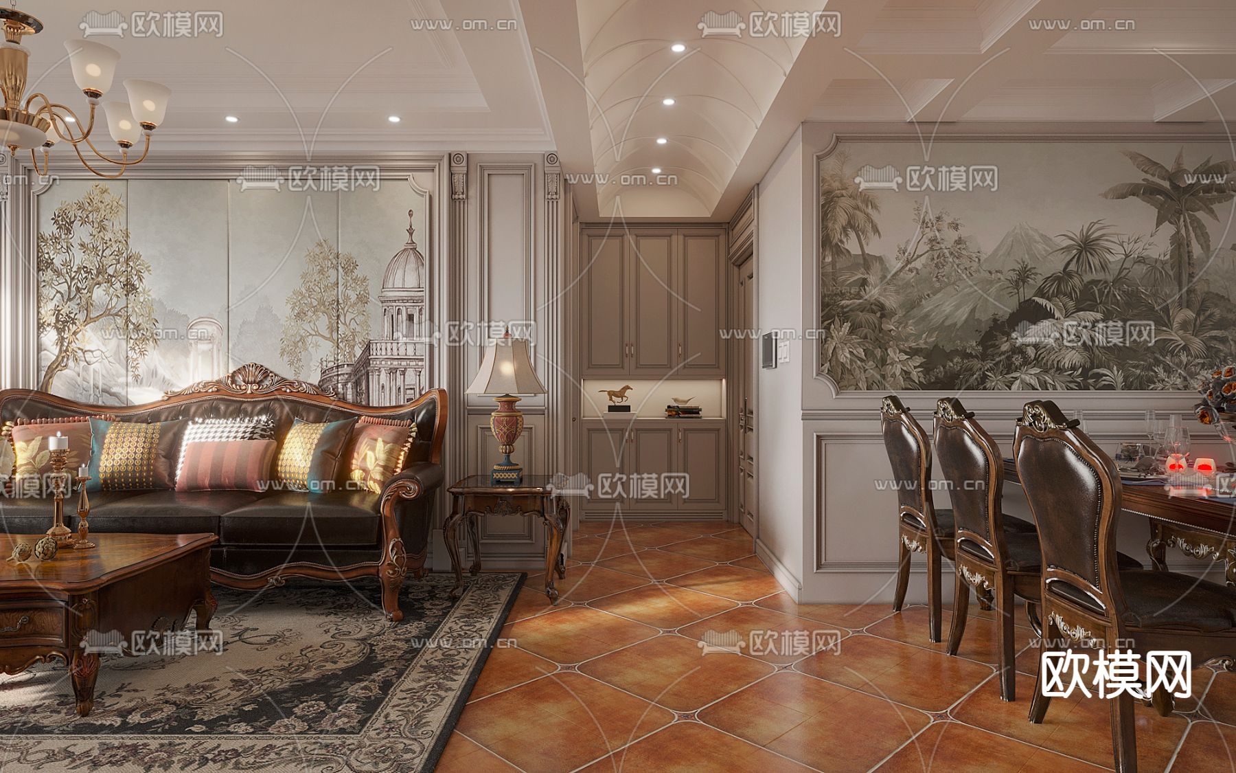 美式古典客餐厅3d模型下载（渲染图3）