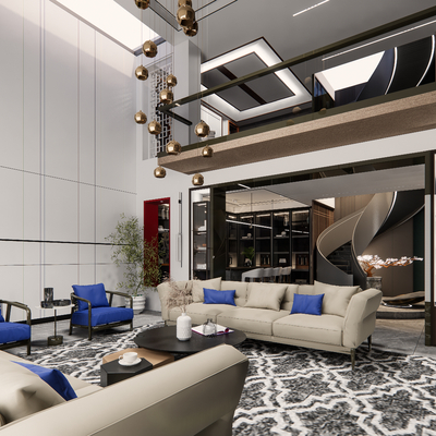  现代别墅客厅su模型 