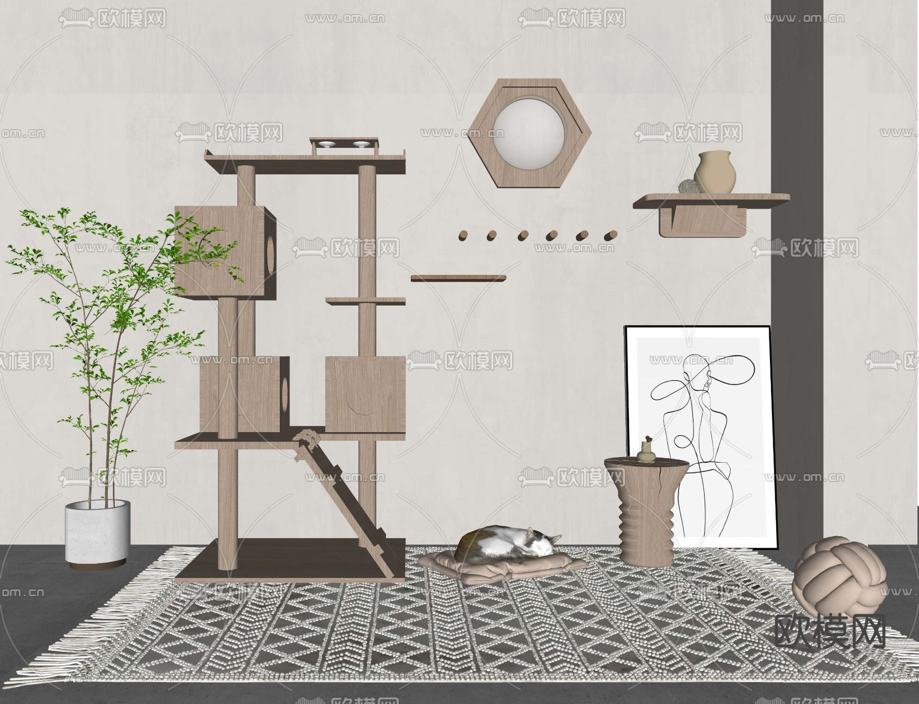 北欧猫爬架组合su模型下载（渲染图2）