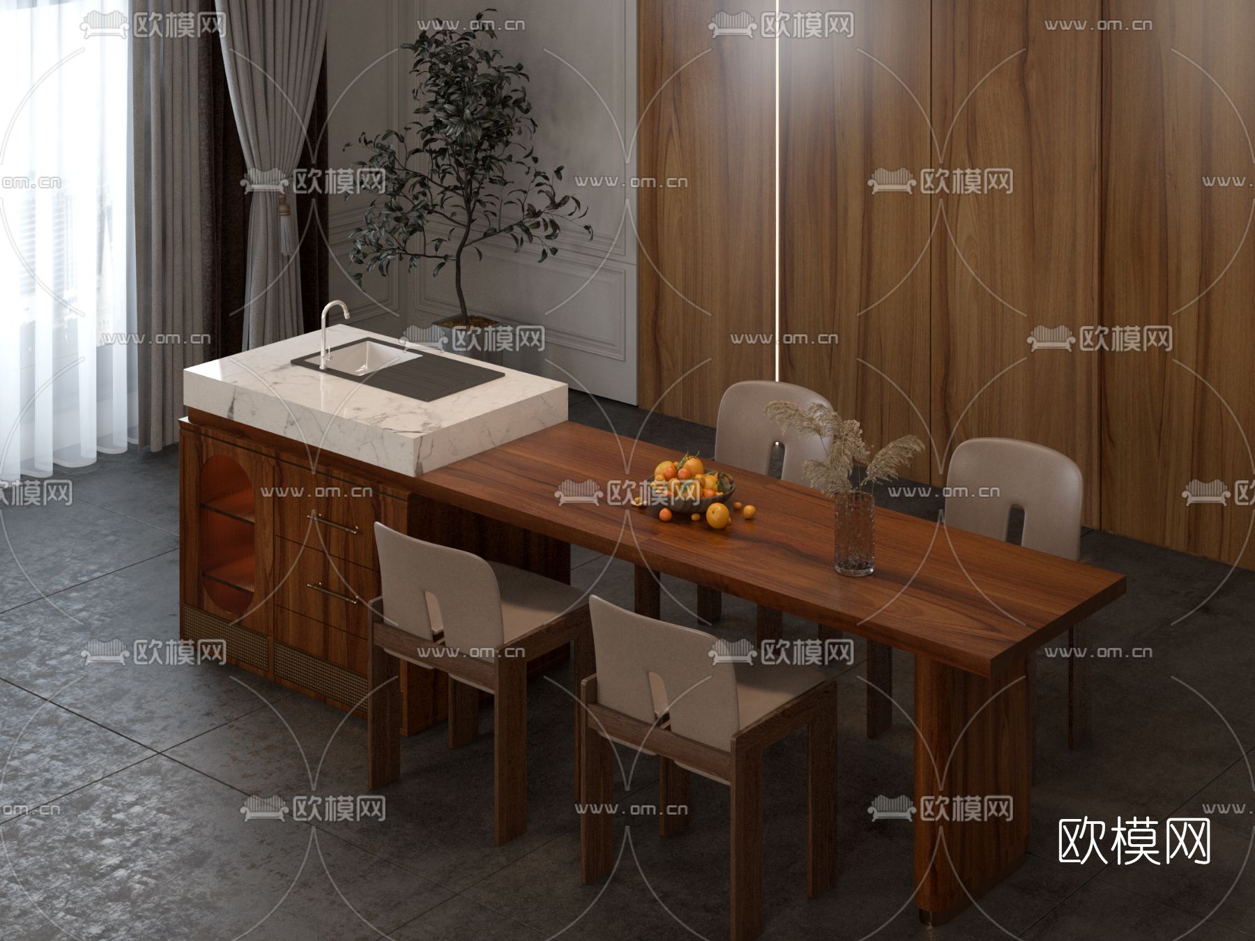 简欧中岛餐桌椅3d模型下载