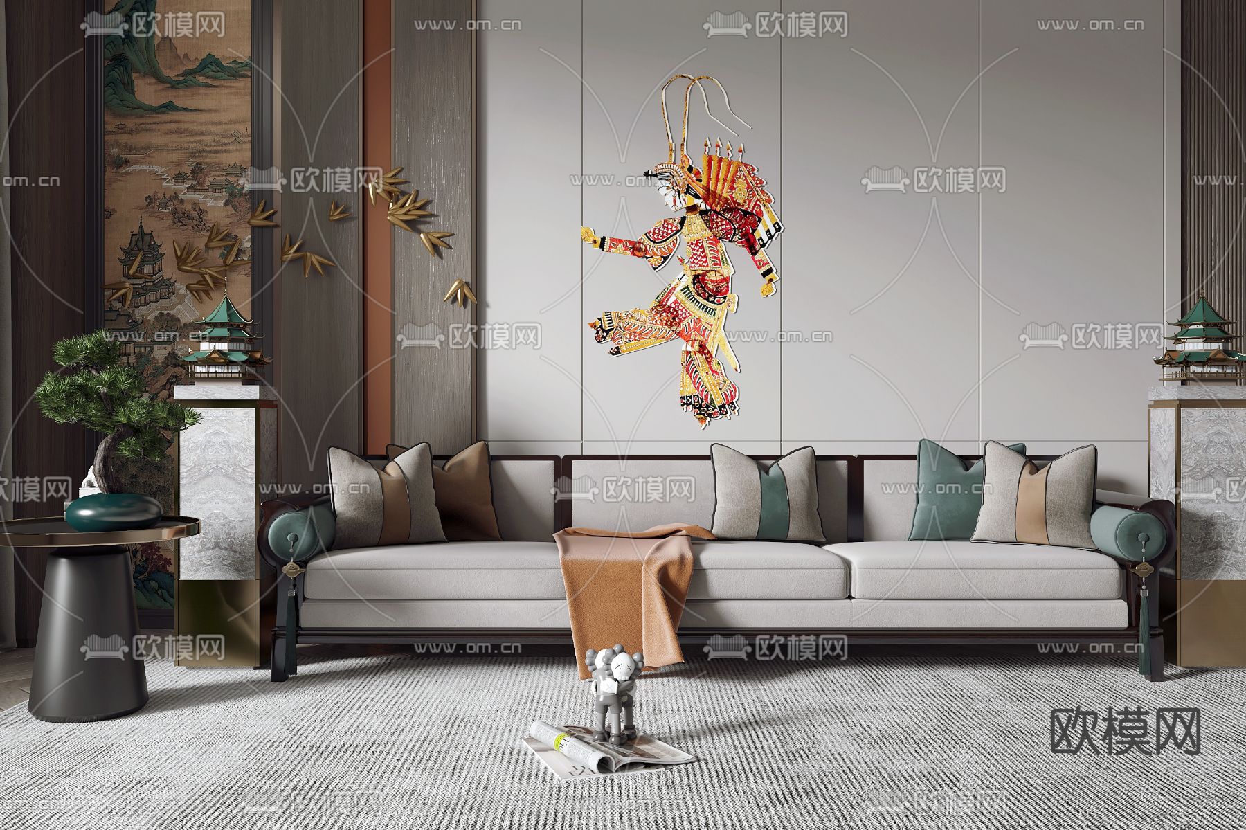 新中式高级灰多人沙发3d模型下载