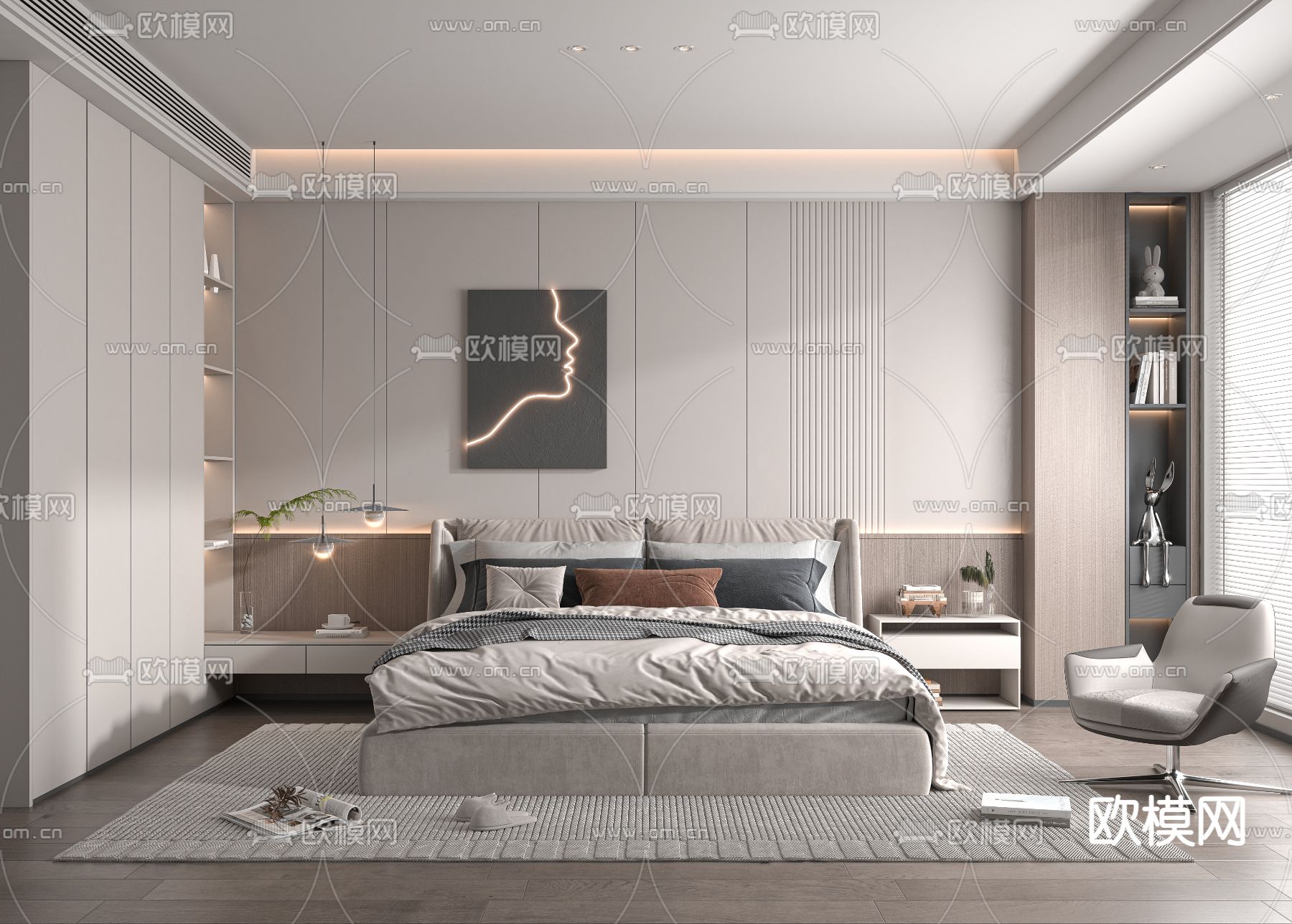 现代奶油风卧室3d模型下载