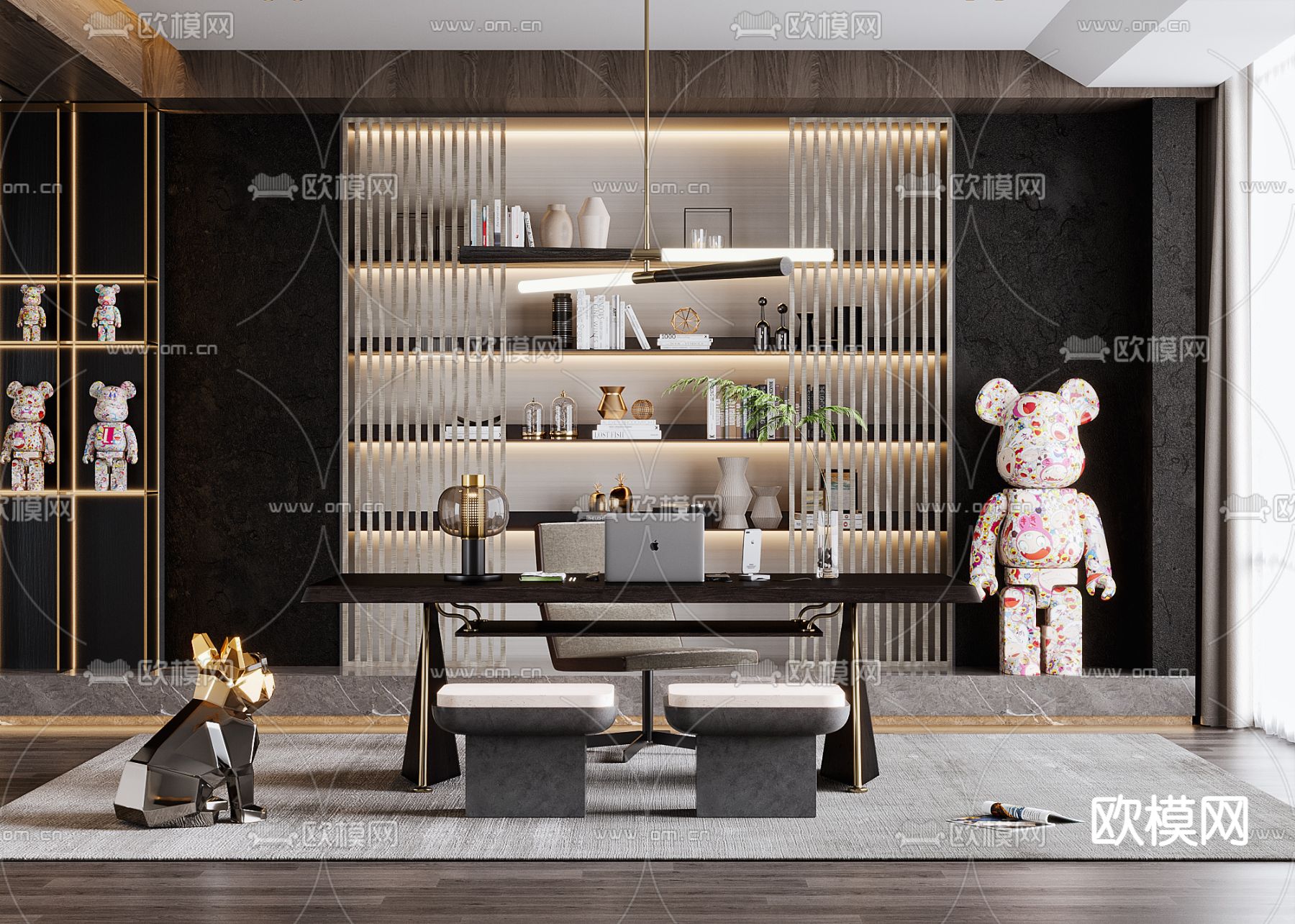 现代高级灰书房3d模型下载（渲染图1）