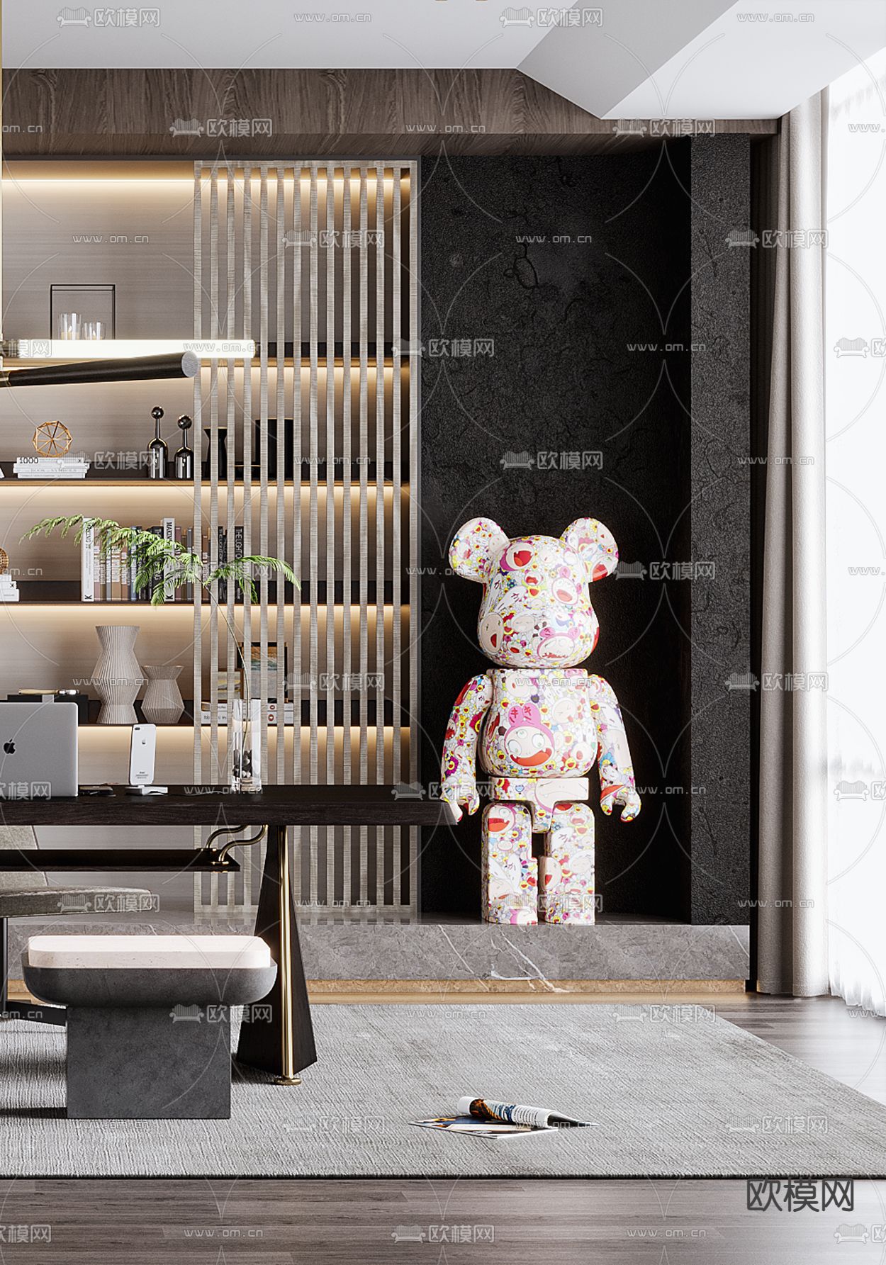 现代高级灰书房3d模型下载（渲染图3）