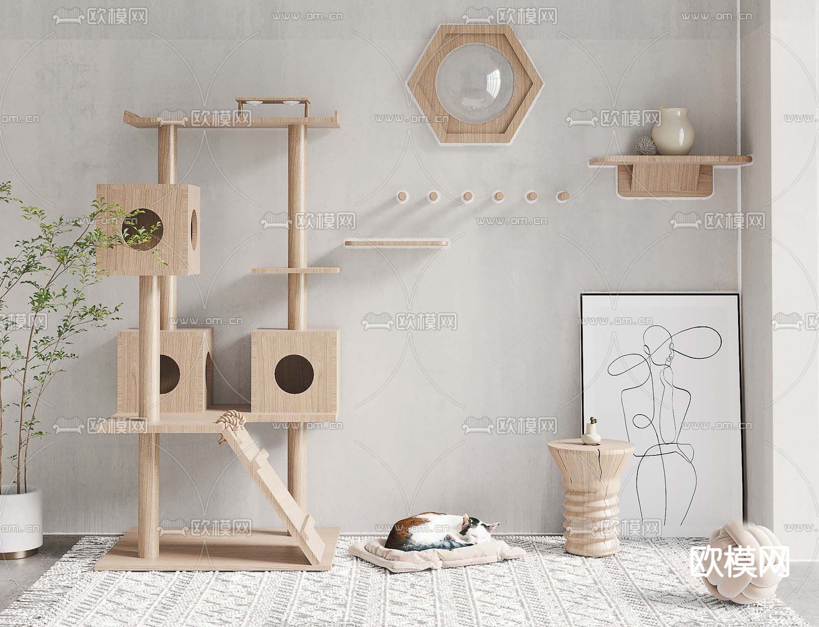 北欧猫爬架组合su模型下载（渲染图1）
