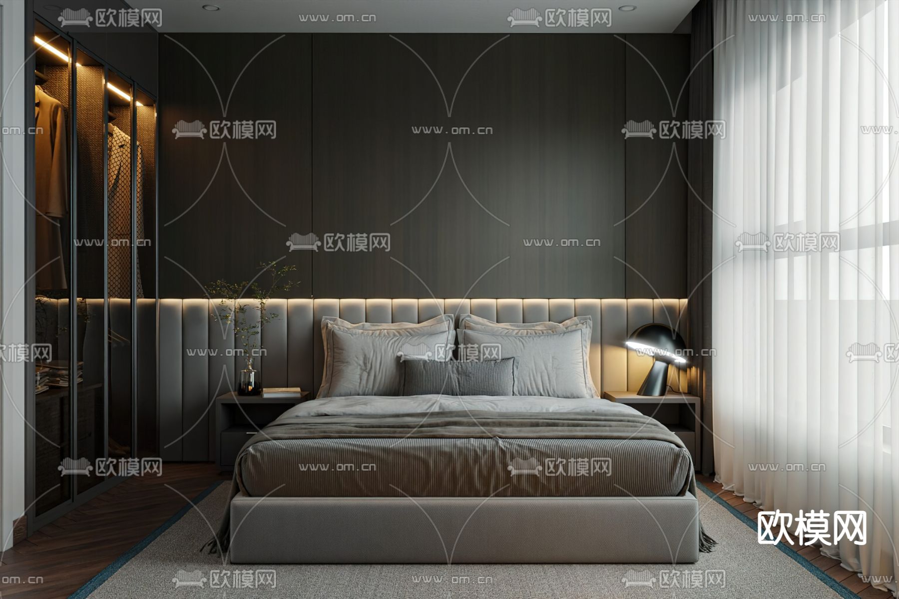 现代暗黑风卧室 主卧 主人房3d模型下载
