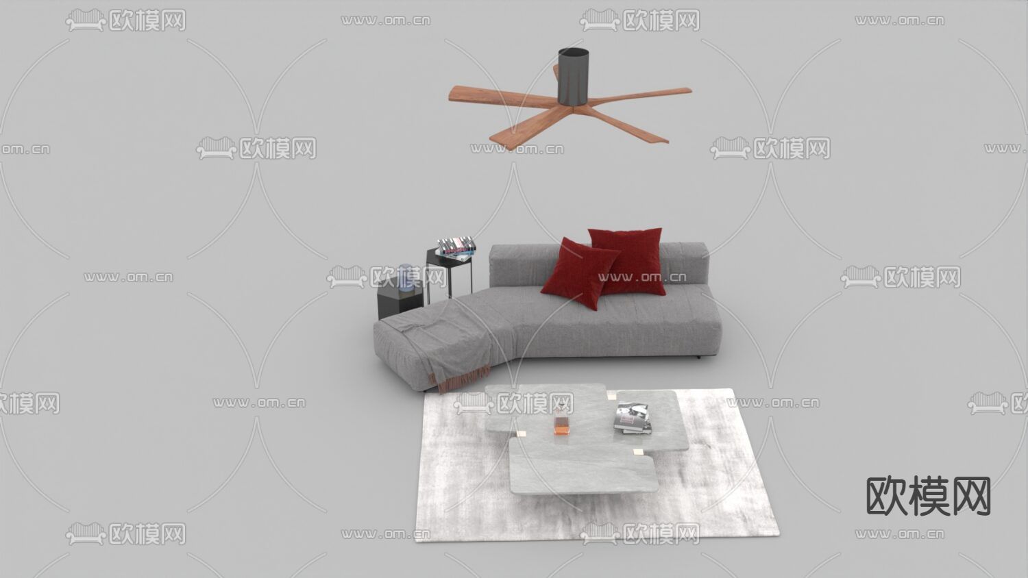 现代简约布艺多人沙发大理石茶几免费3d模型下载