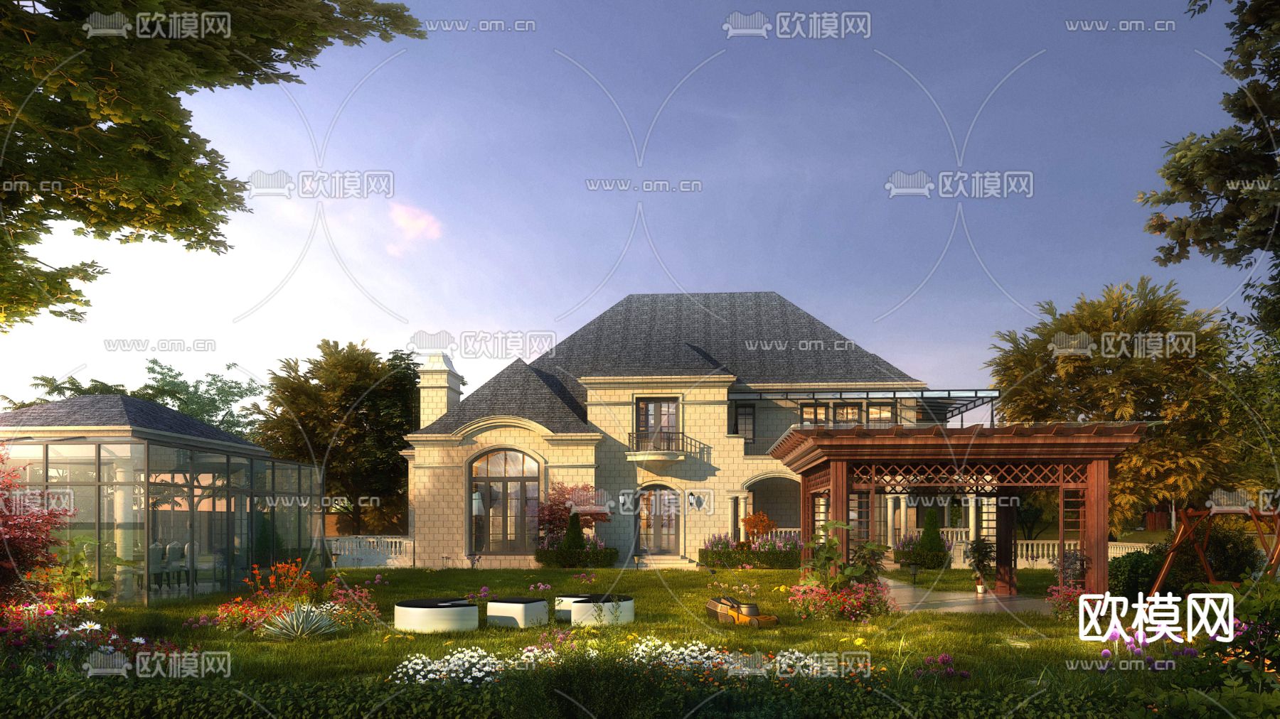 新中式独栋别墅建筑外观psd下载