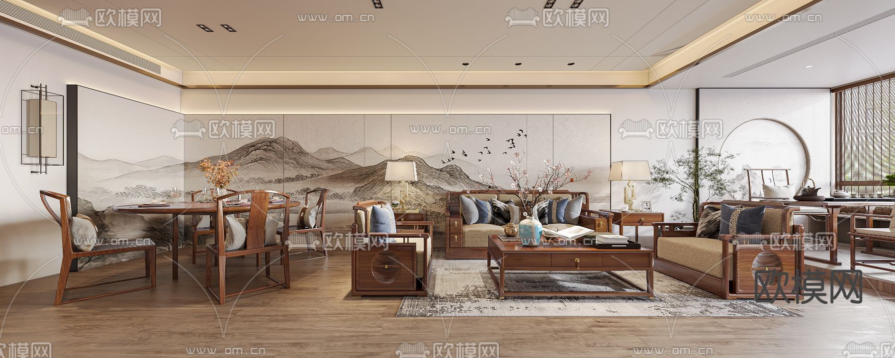 新中式轻奢客餐厅3d模型下载（渲染图1）