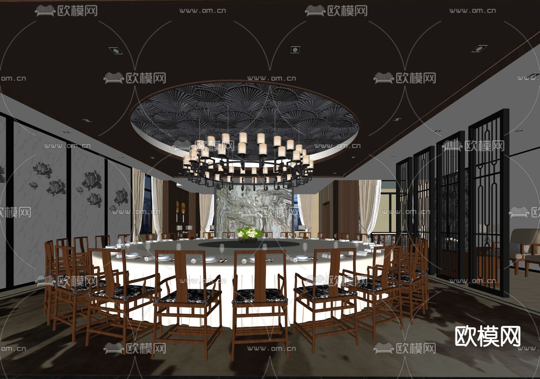 新中式餐厅包房su模型下载（渲染图2）