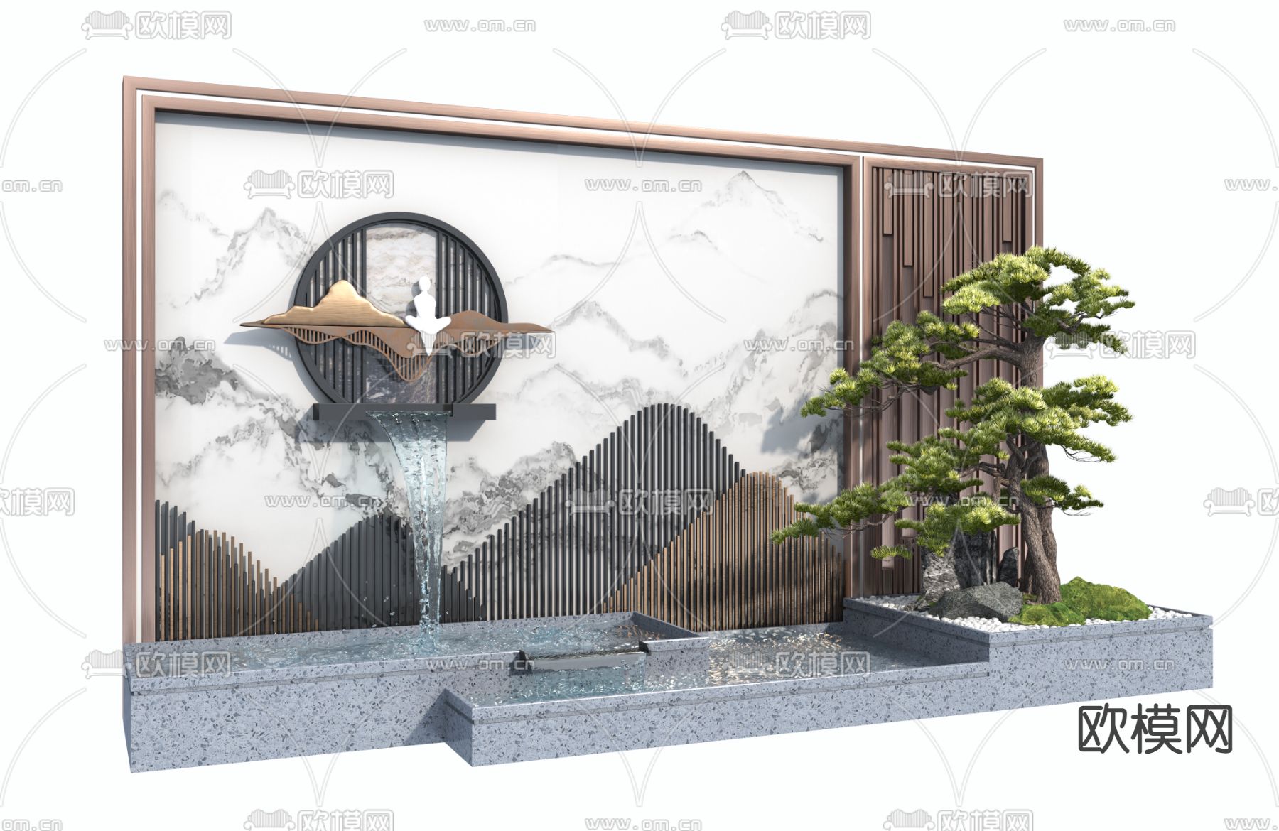 新中式迎客松跌水景观小品3d模型下载_ID12120479_3dmax免费模型-欧模网