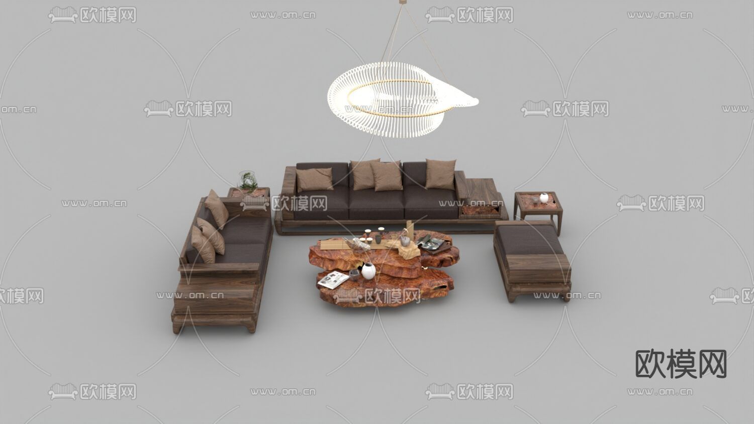 中式古典实木皮革多人沙发组合免费3d模型下载