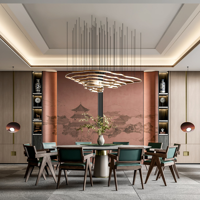  新中式餐厅包房su模型 