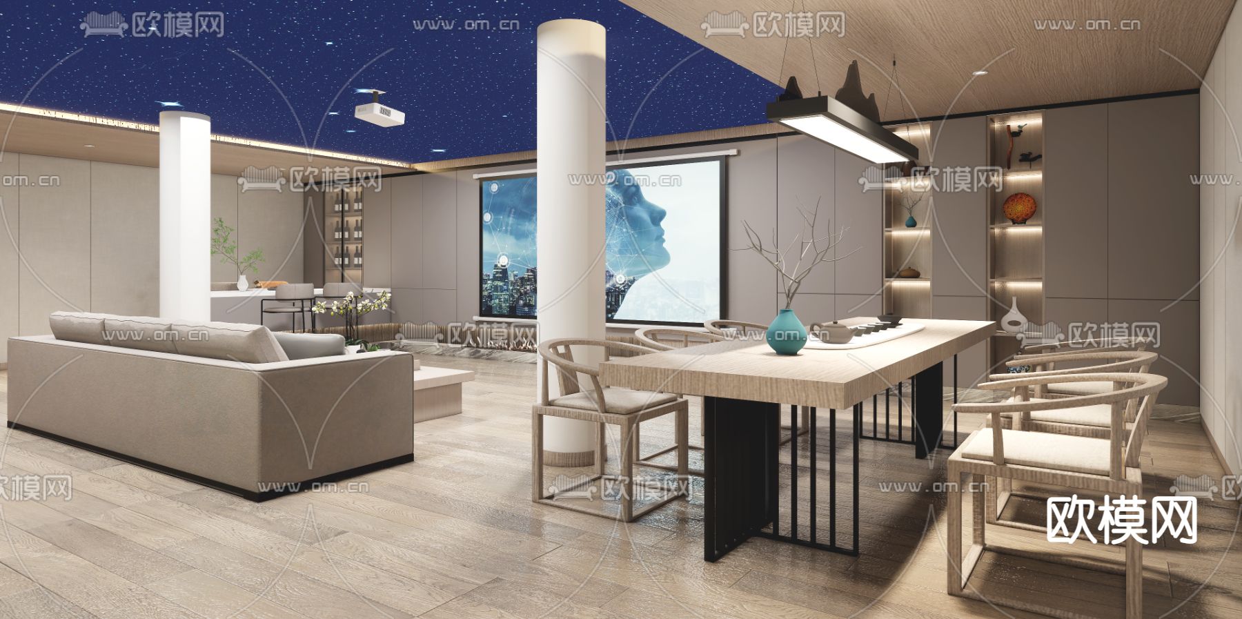 新中式视听室 影音室su模型下载（渲染图1）