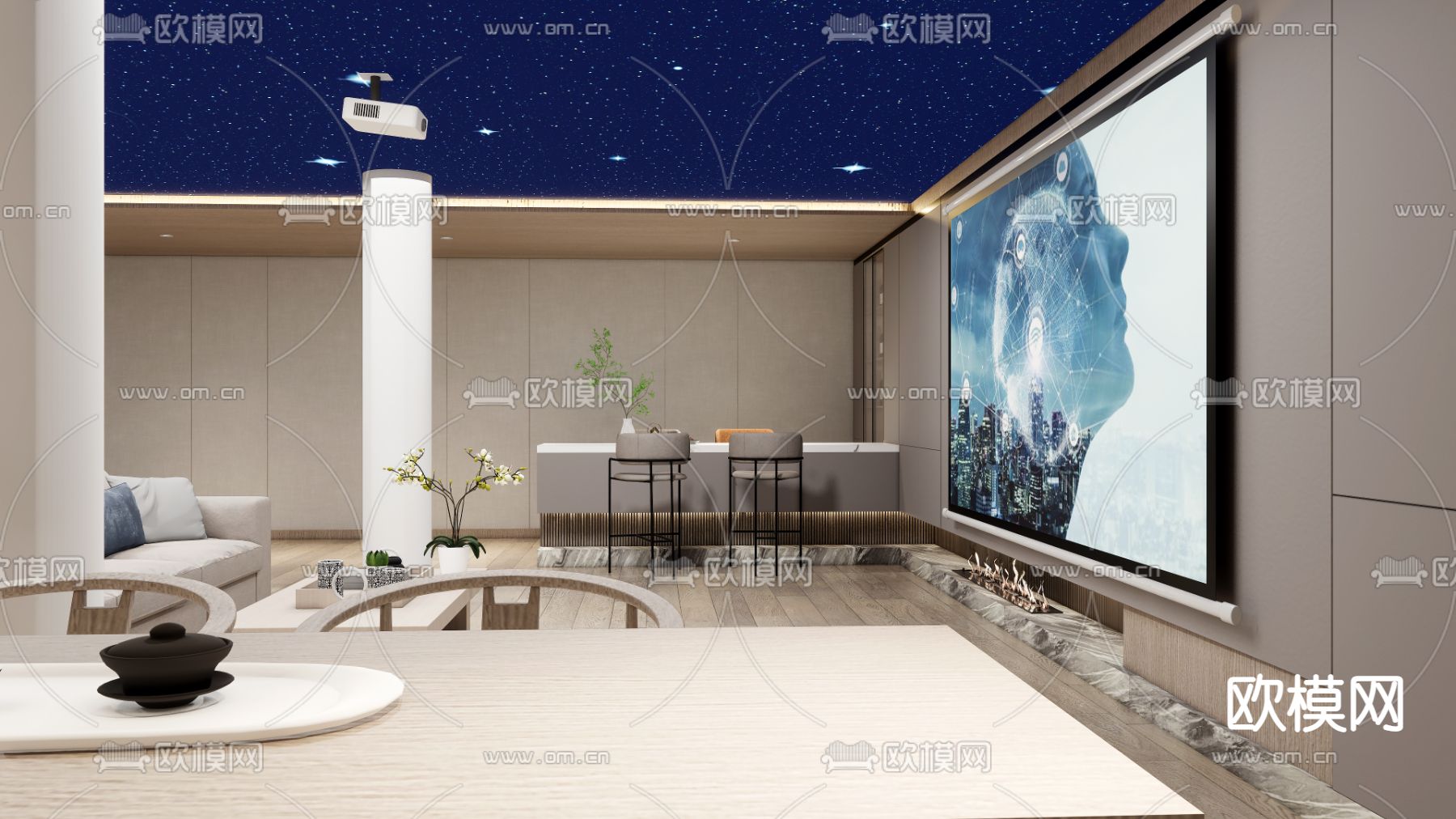 新中式视听室 影音室su模型下载（渲染图2）