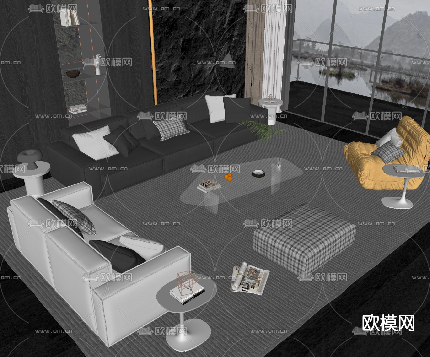 现代豆腐块组合沙发su模型下载（渲染图2）